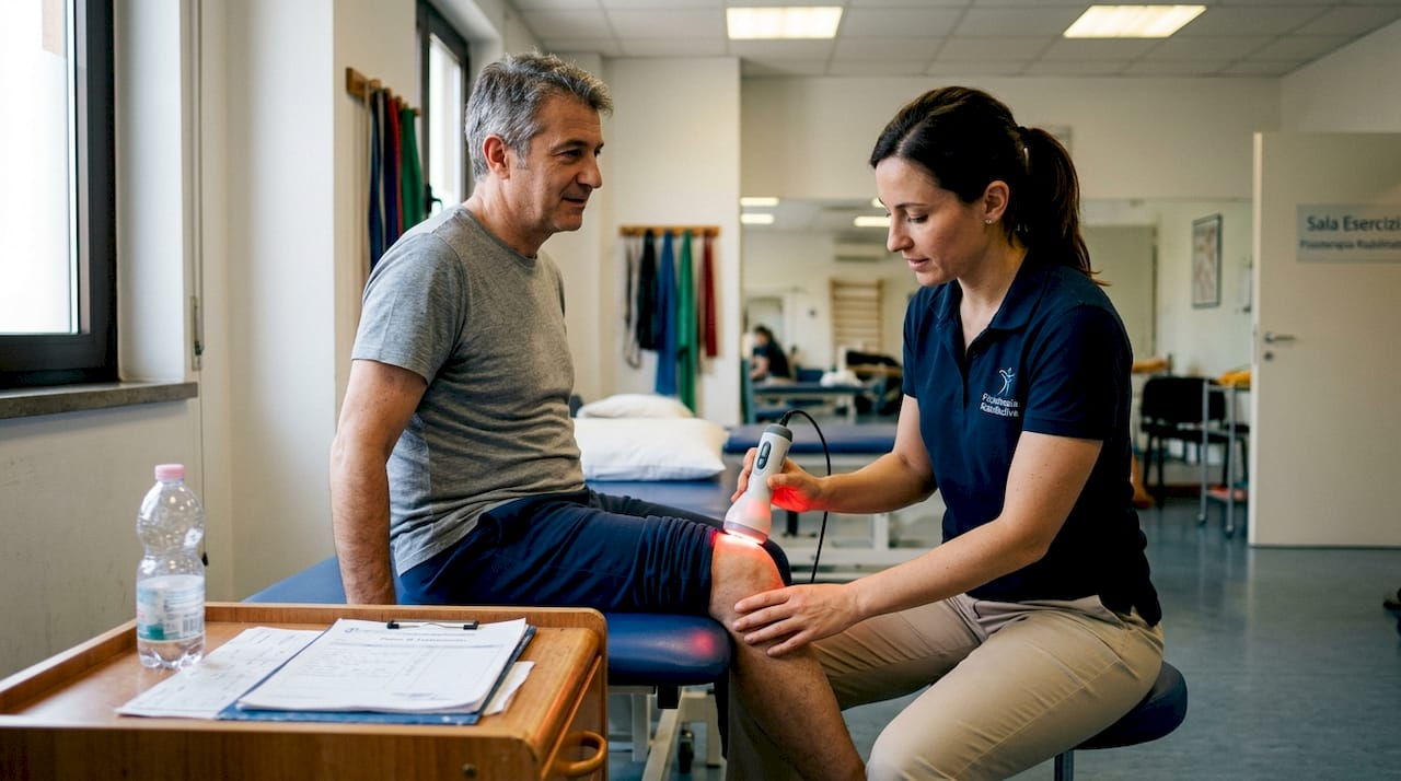 Paziente sottoposto a trattamento con luce LED per il dolore al ginocchio