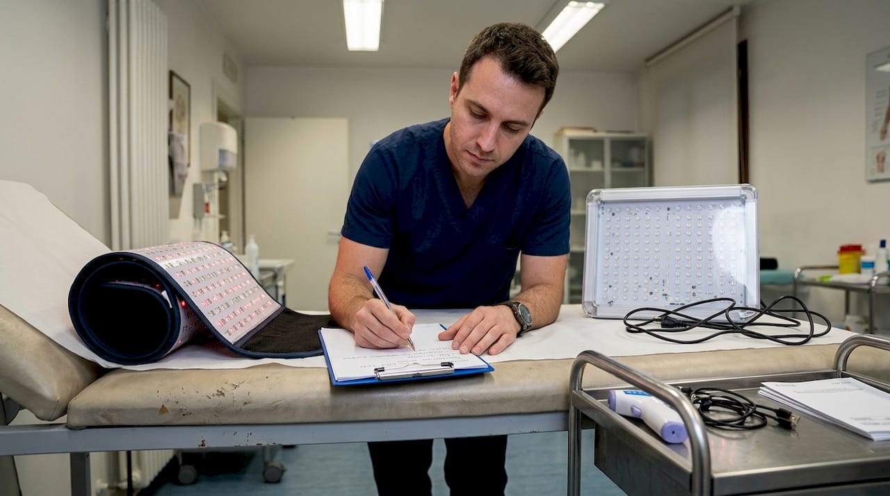 Un tecnico esamina e confronta due dispositivi per la fototerapia a LED, valutandone caratteristiche e prestazioni.