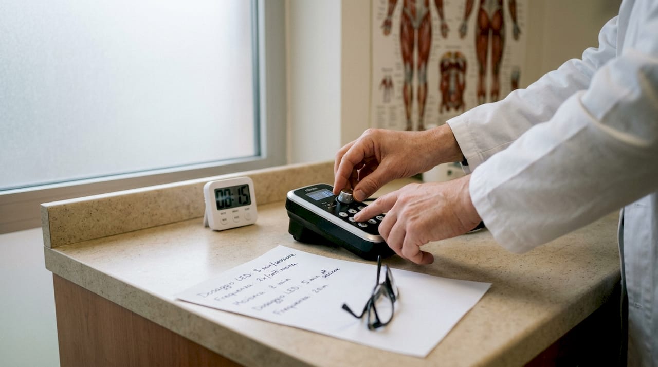 Mani esperte regolano un dispositivo per la terapia LED all’interno di uno studio medico.