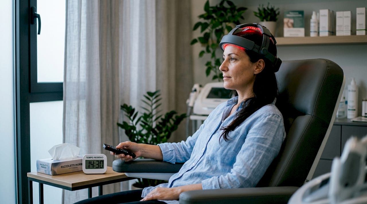 Paziente sottoposto a trattamento LED per la ricrescita dei capelli presso la clinica