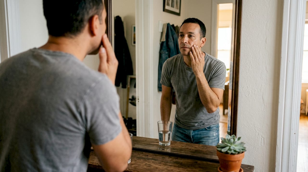 Uomo che osserva i miglioramenti della pelle dopo un trattamento con LED