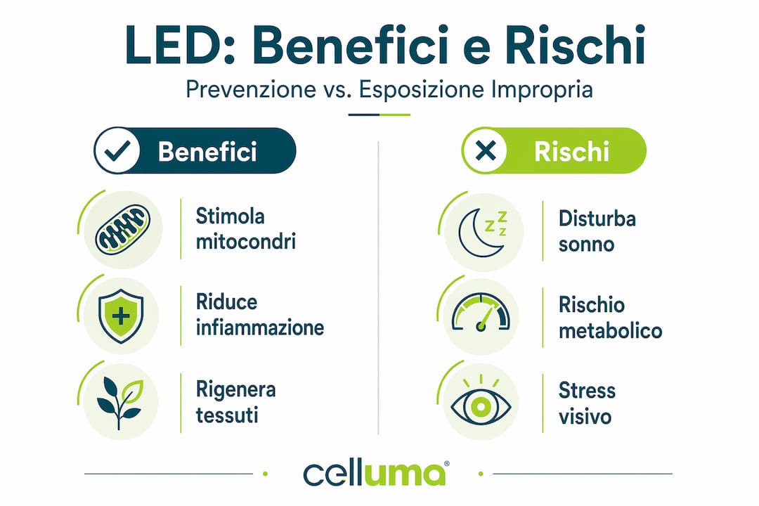 Scopri vantaggi e possibili controindicazioni della terapia LED attraverso un’infografica chiara e completa