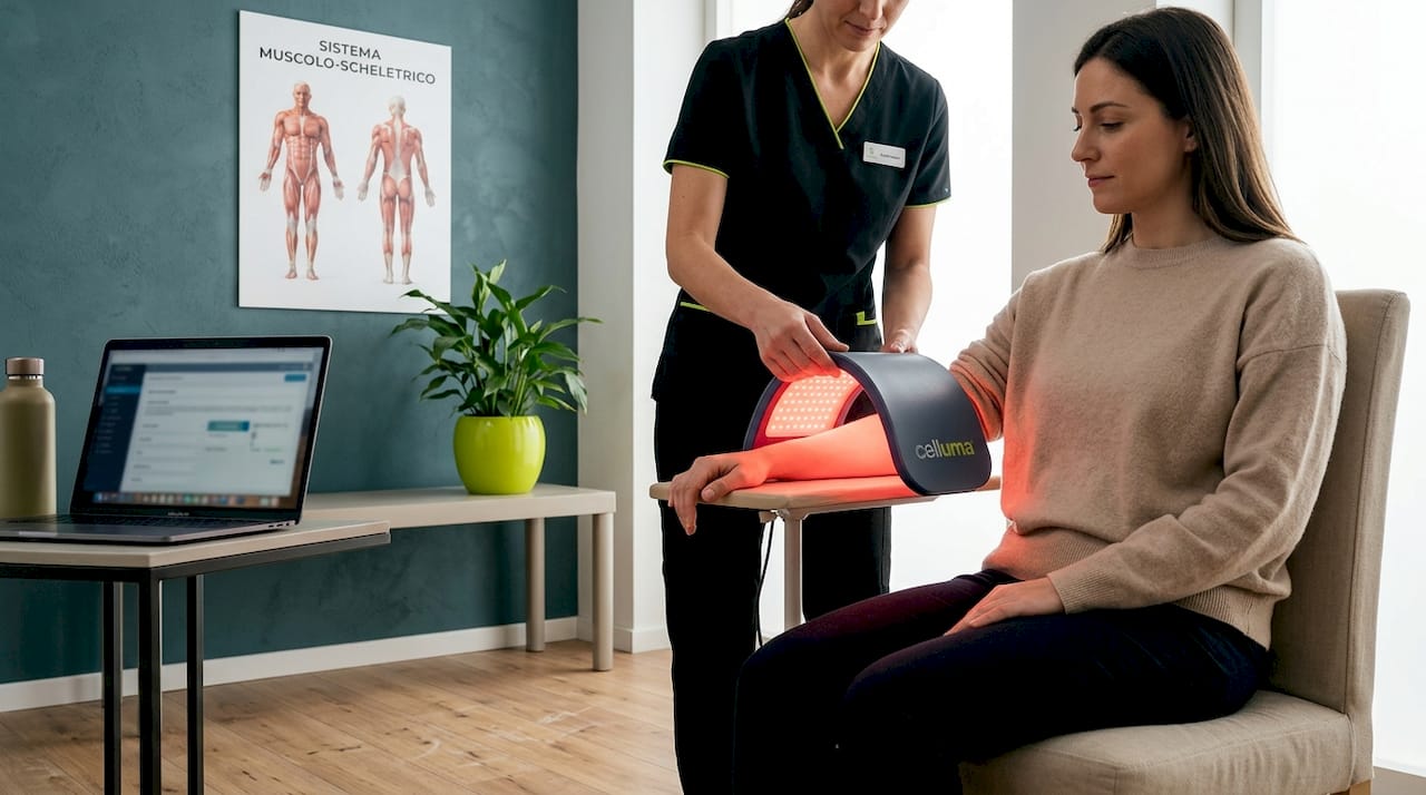 Seduta di fototerapia in corso, con la presenza di paziente e terapista