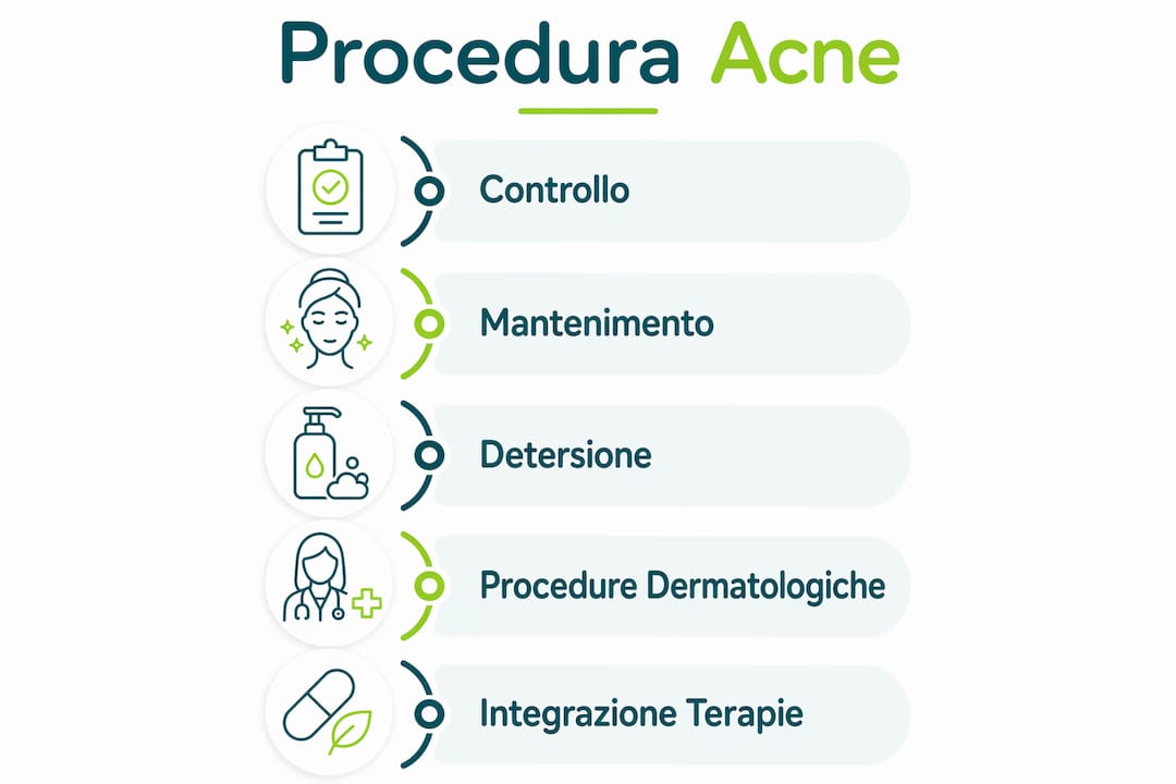 Schema illustrativo delle fasi per il trattamento dell’acne