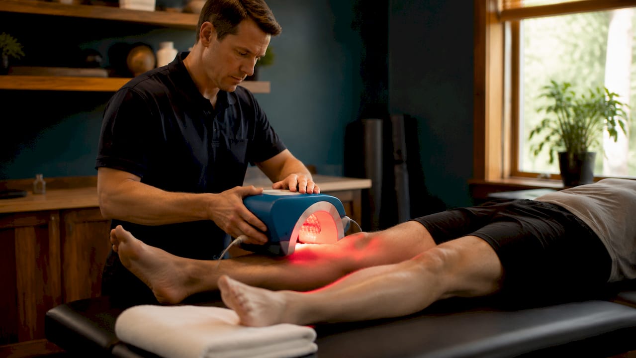 Le mani del terapista sistemano il dispositivo per la terapia LED.