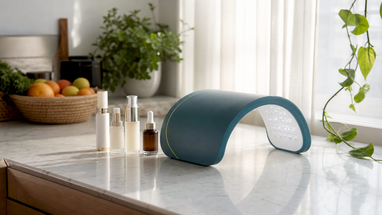 Sul ripiano del bagno, accanto ai flaconi dei prodotti skincare, spicca il dispositivo Celluma pronto all’uso.