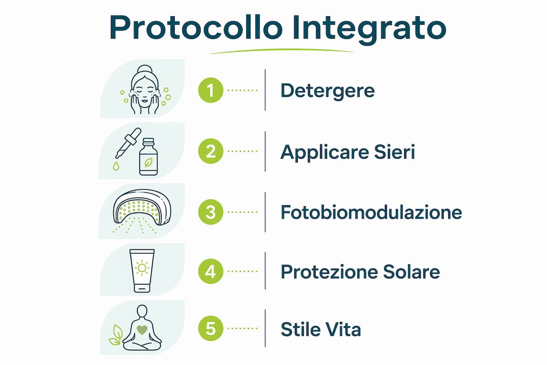 Infografica che presenta un protocollo anti-età integrato in 5 fasi