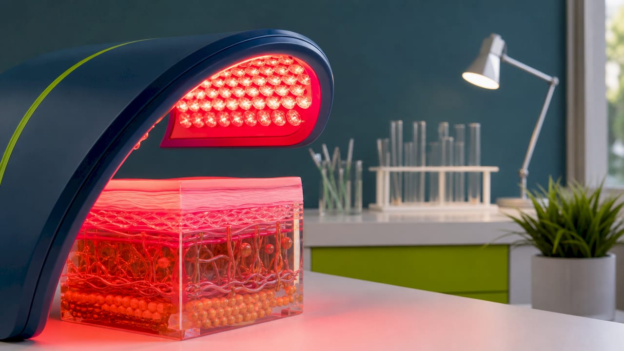 Primo piano del dispositivo Celluma che illumina la pelle di una modella