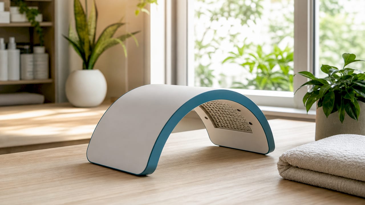 Dettaglio del dispositivo Celluma posizionato sul tavolo in una spa