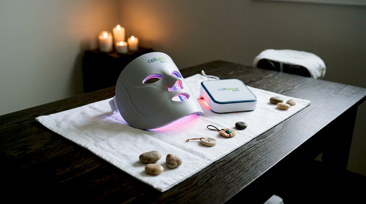 Dettaglio ravvicinato della maschera Celluma e del pannello posizionati sul tavolo