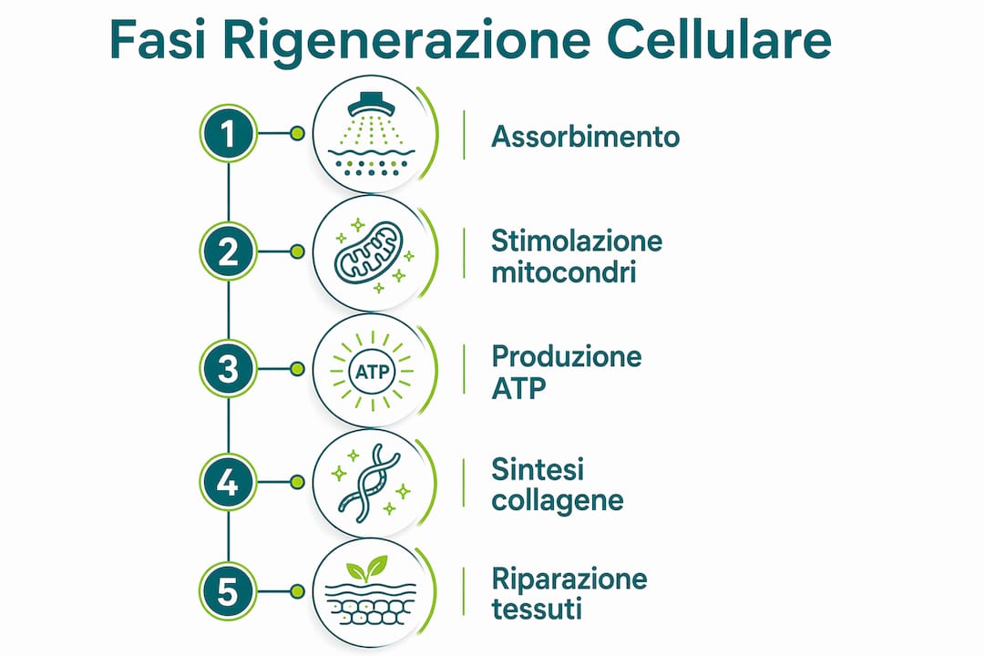 Scopri, attraverso un’infografica chiara e dettagliata, tutte le fasi della rigenerazione cellulare stimolata dalla luce LED.