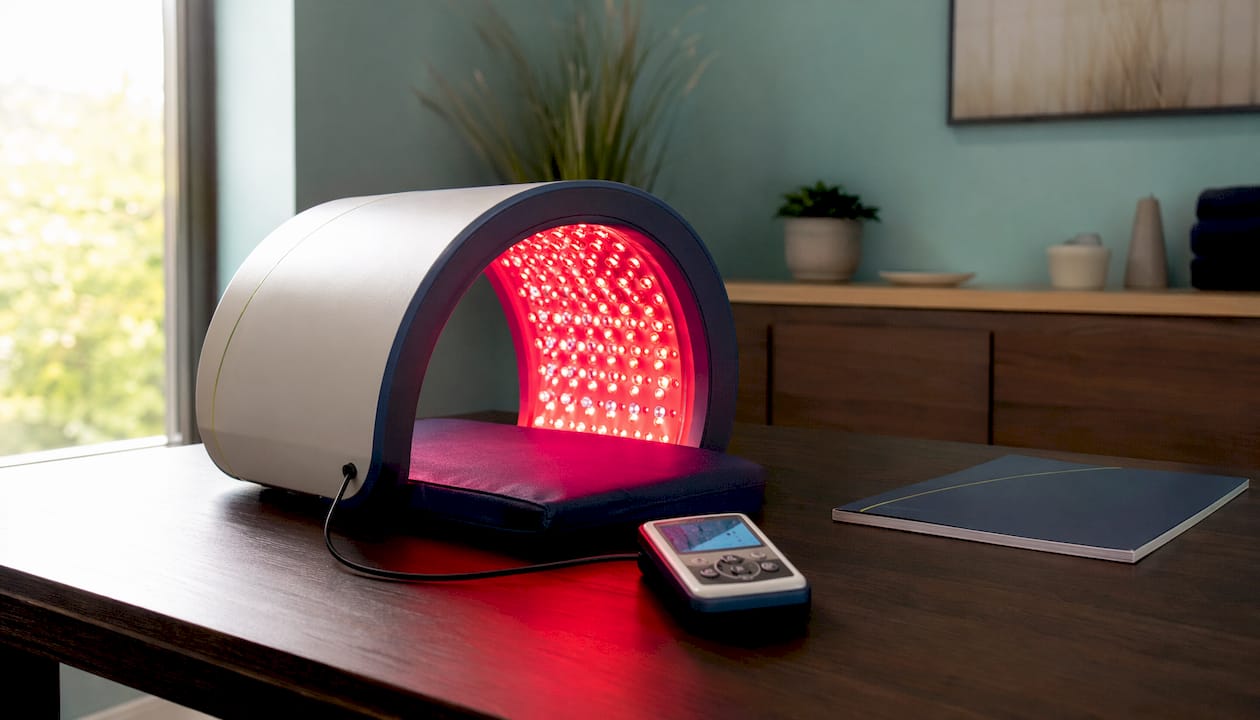 Dettaglio del dispositivo Celluma mentre emette luce rossa