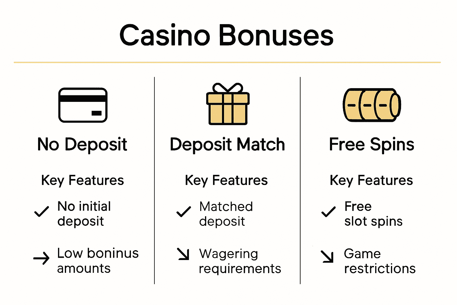 infographic comparing no deposit, deposit match, and free spins bonuses with icons and features.
