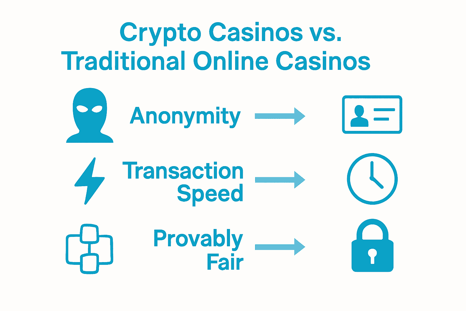 infografik, der sammenligner privatliv, hastighed og retfærdighed af krypto vs. traditionelle kasinoer