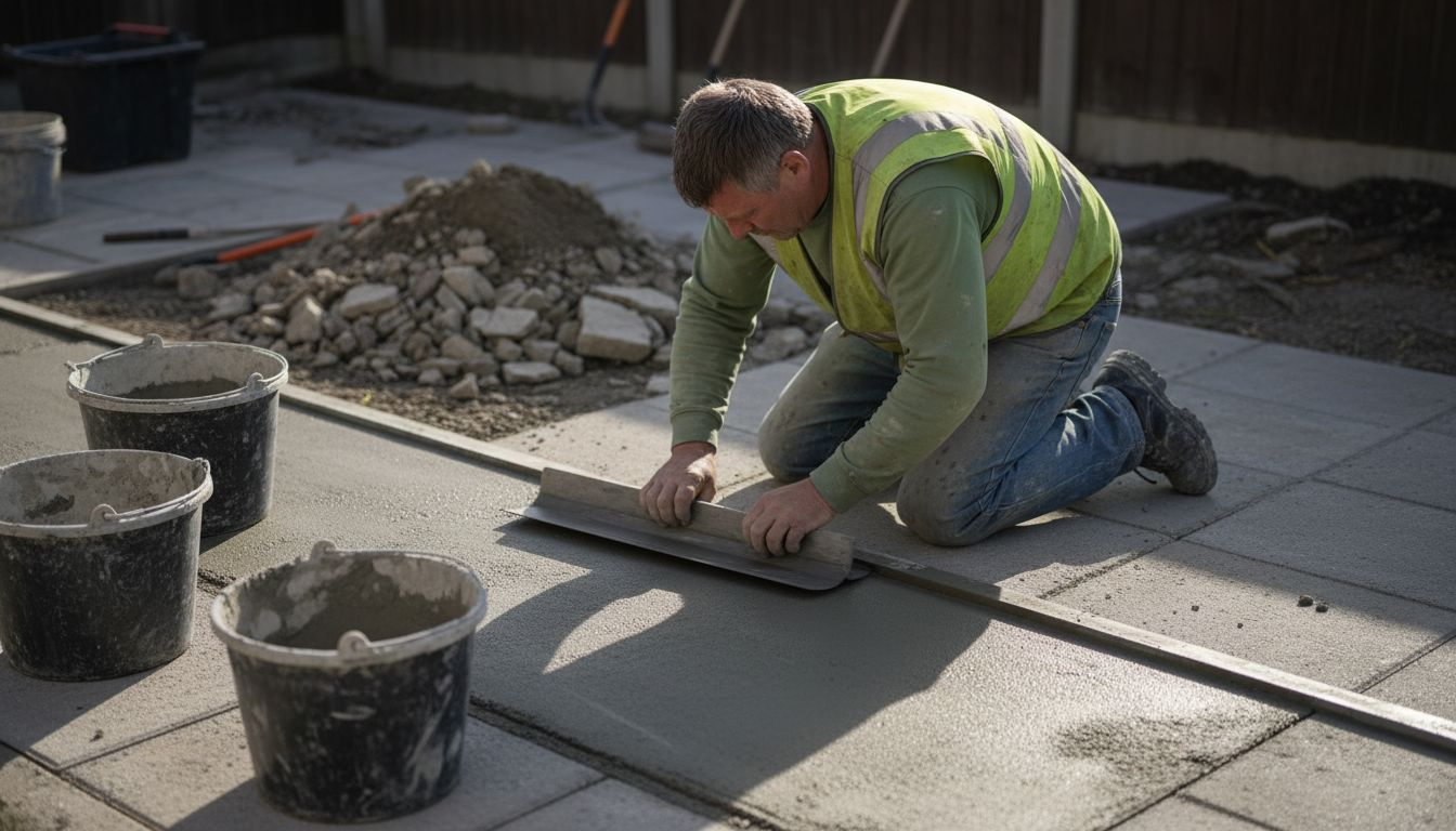 Worker smoothing new concrete paving slab