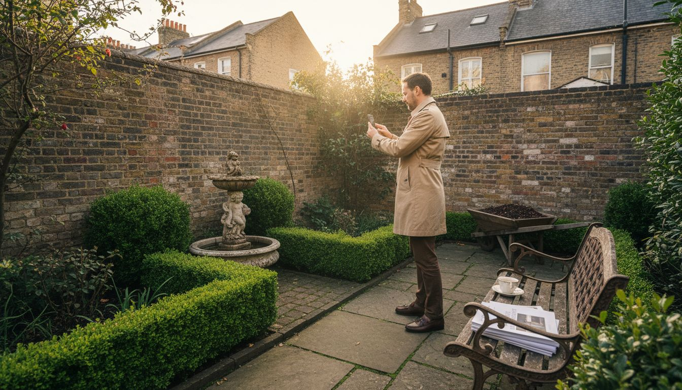 Estate agent photographing garden water feature London