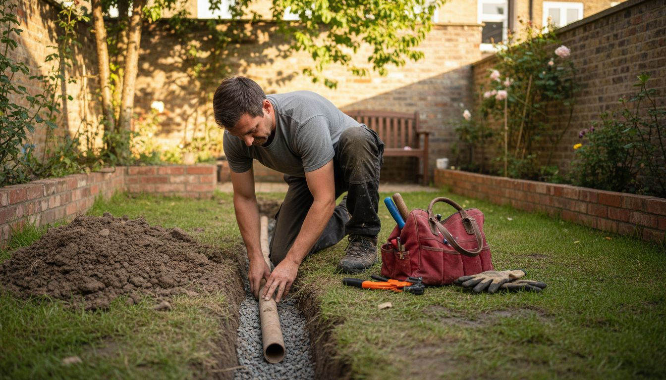 Gardener installing drainage pipe in city garden