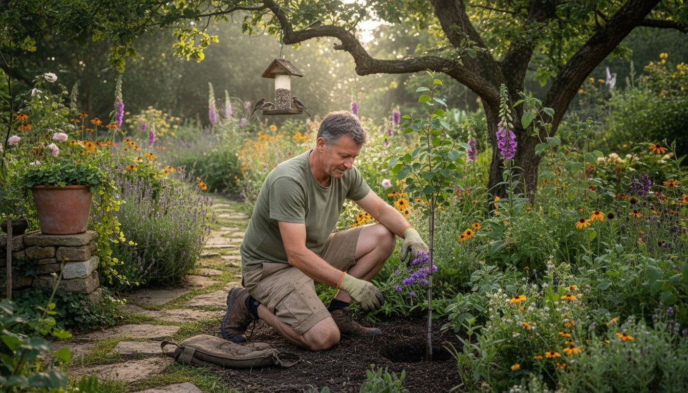 Gardener arranging shrubs in biodiversity zone