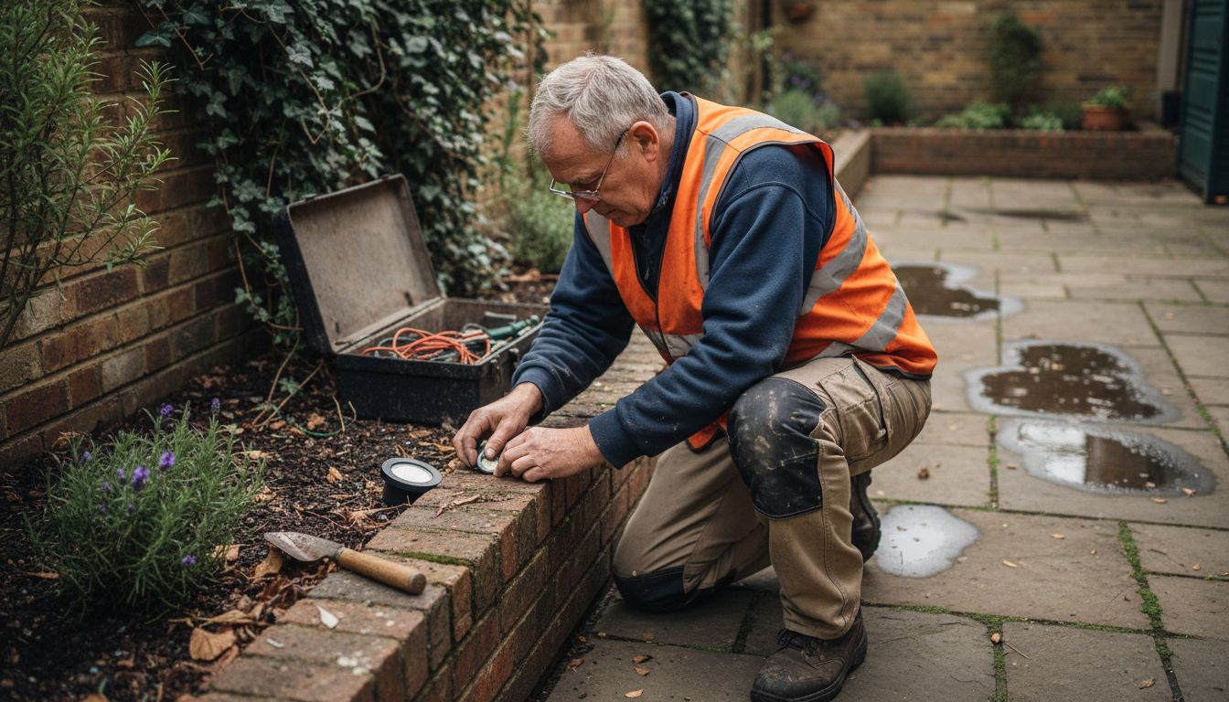 Technician installing LED garden lighting