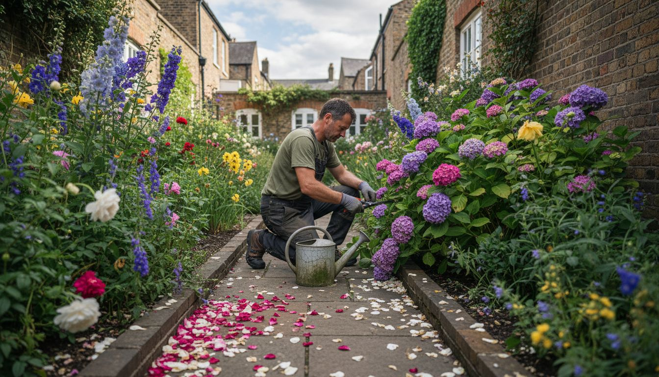 Gardener maintaining seasonal urban planting scheme