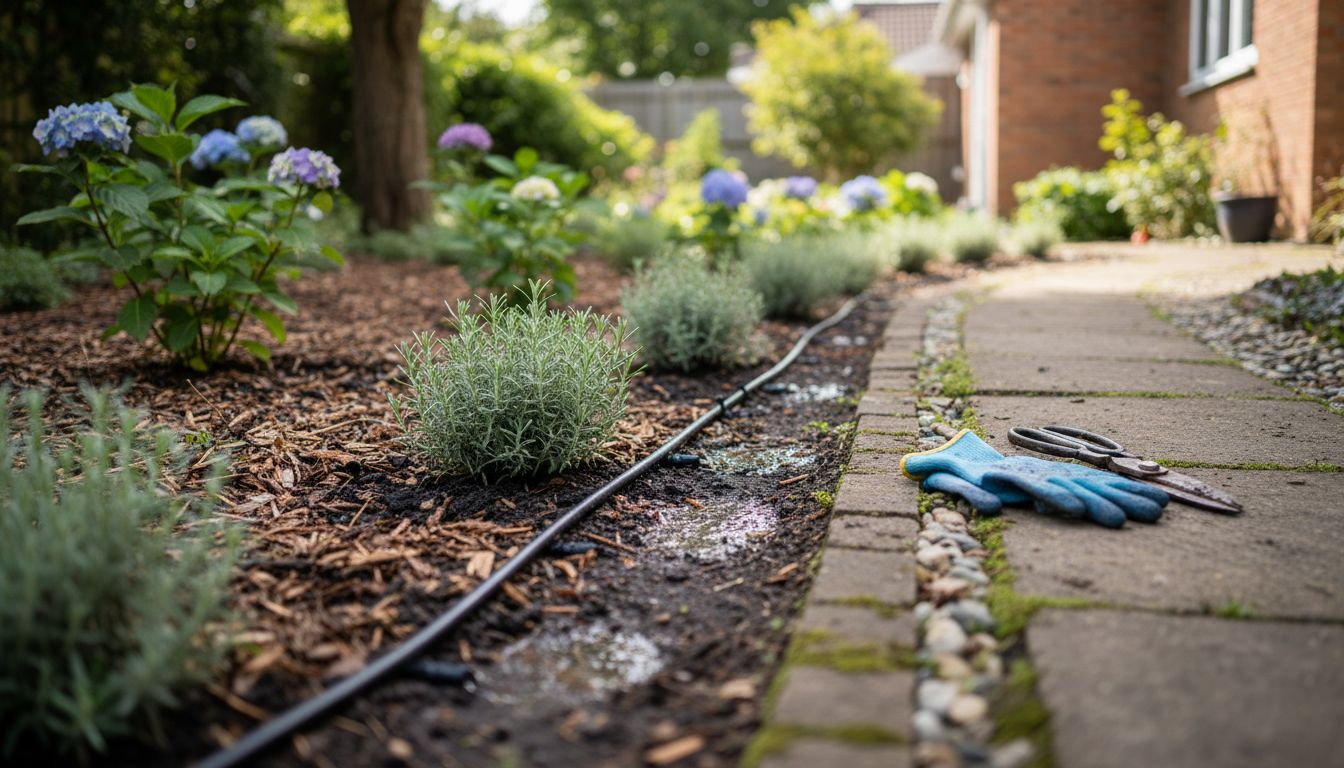 Drip irrigation among London garden plants
