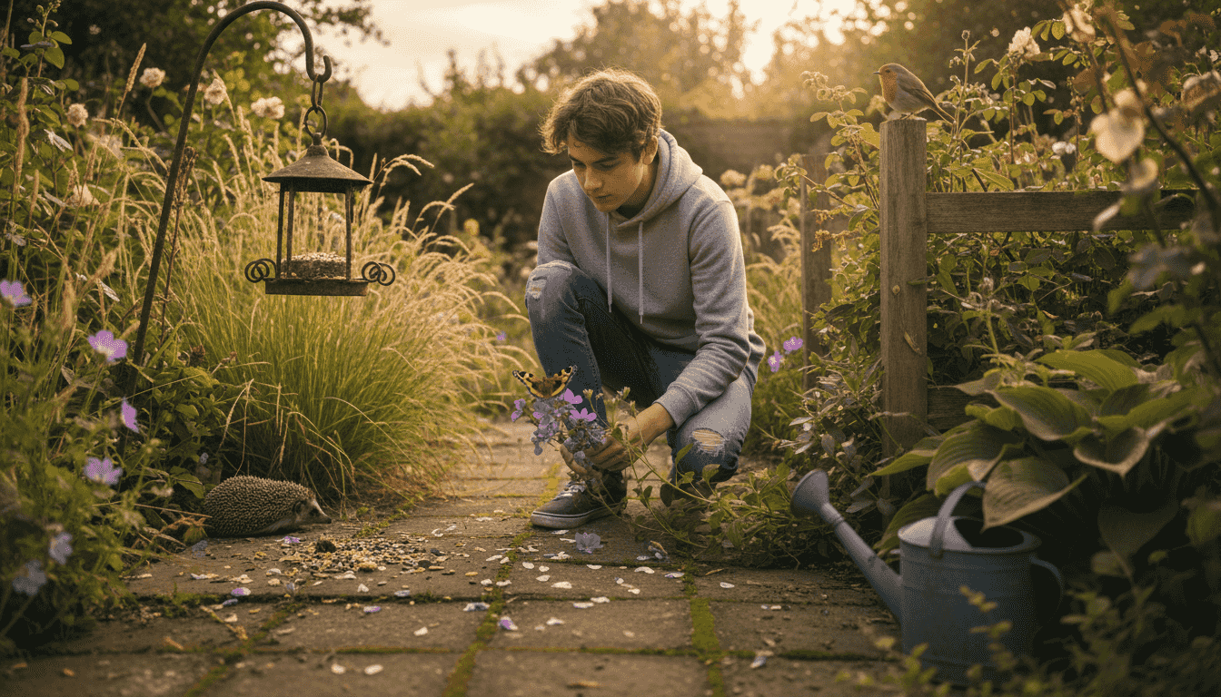 Teen observing wildlife in London garden