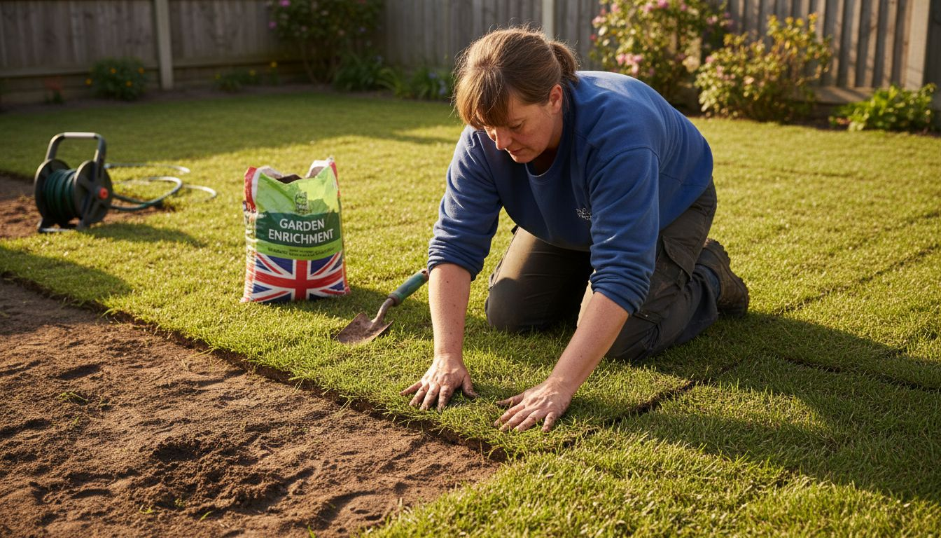 Woman laying turf in brickwork pattern