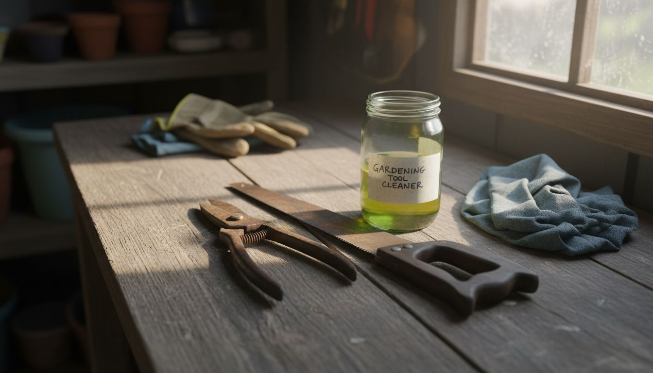 Clean pruning tools on messy wooden bench