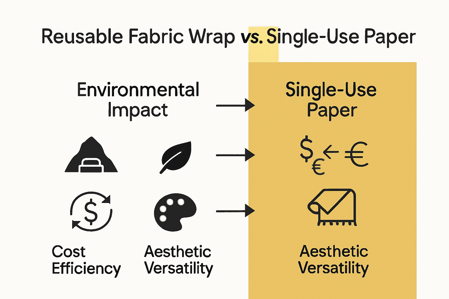 Infographic comparing reusable fabric wrap to single-use paper across sustainability, cost, and aesthetics.