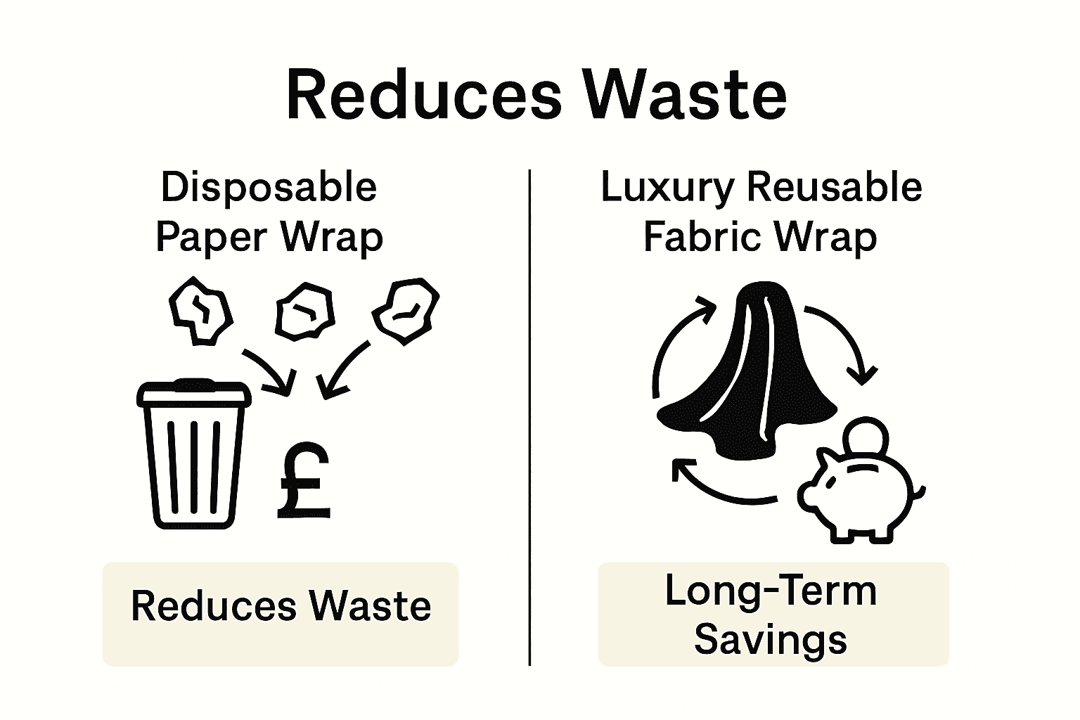 Infographic comparing disposable paper wrap to luxury reusable fabric wrap in cost and waste