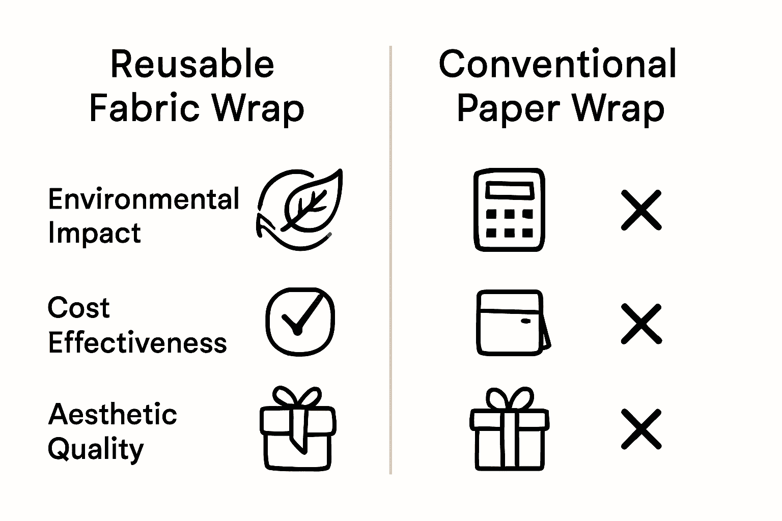 Infographic comparing reusable fabric wraps and traditional paper wrapping in terms of sustainability, cost, and appearance.