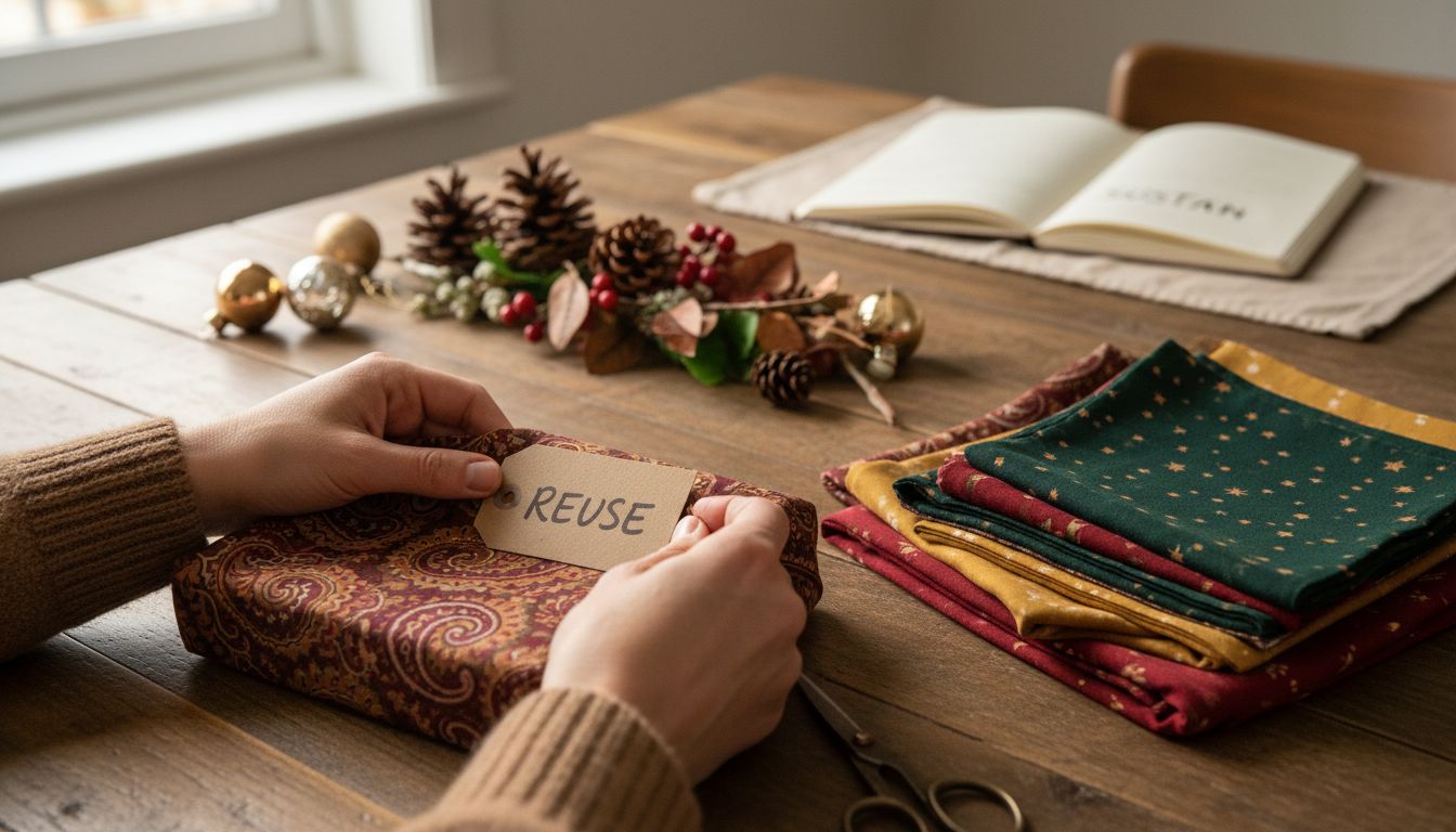 Hands wrapping gift in festive fabric