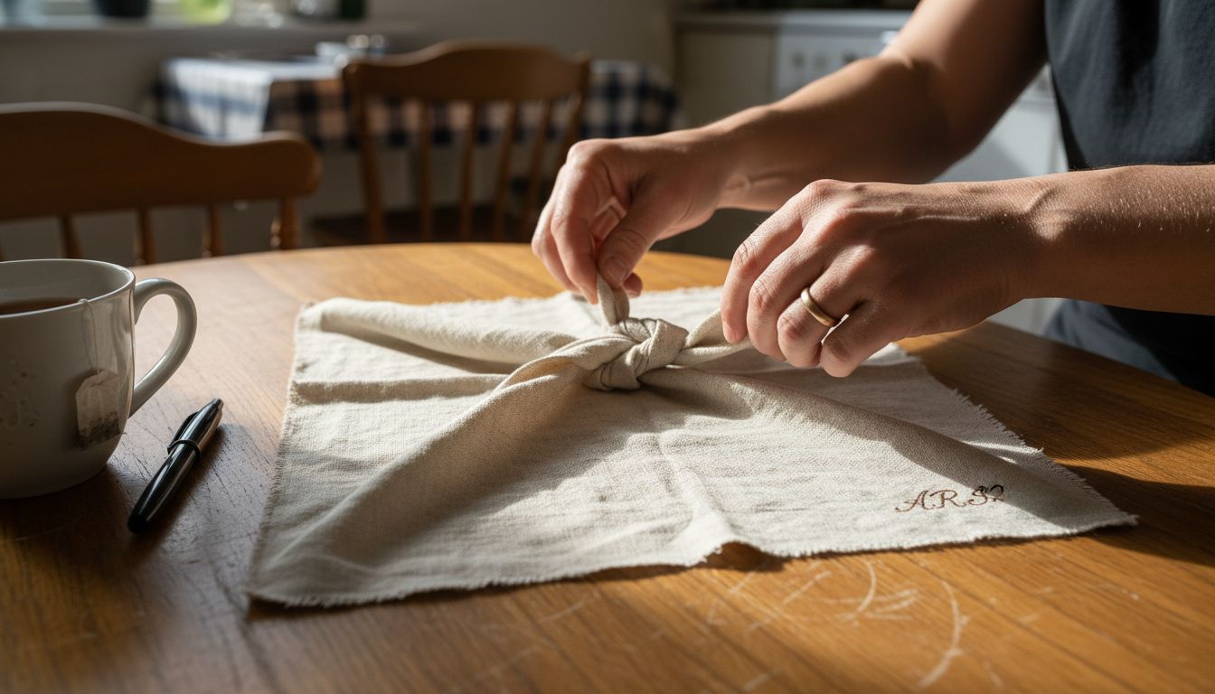 Embroidered fabric gift wrap close-up knot