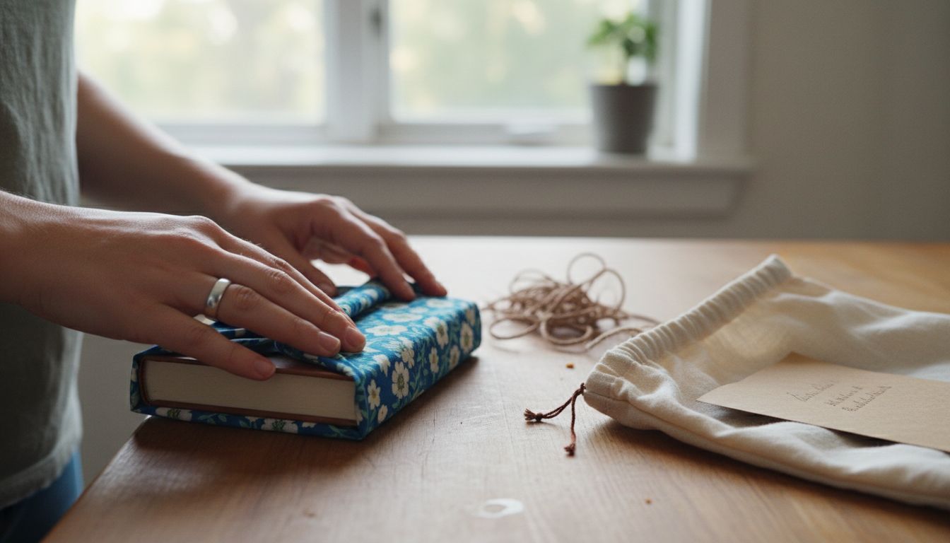 Hands wrapping book with furoshiki cloth