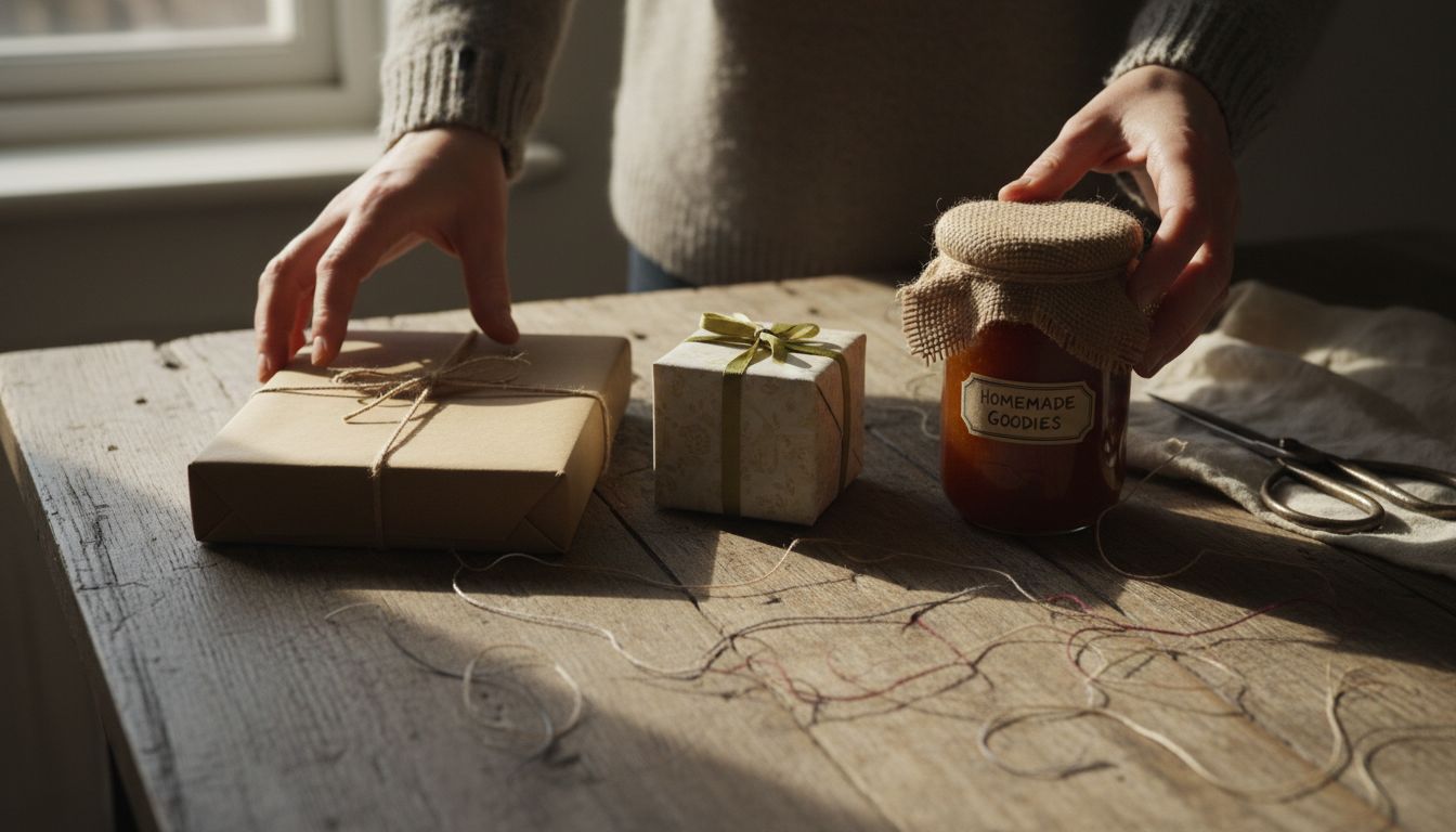 Hands arranging gifts for fabric wrapping