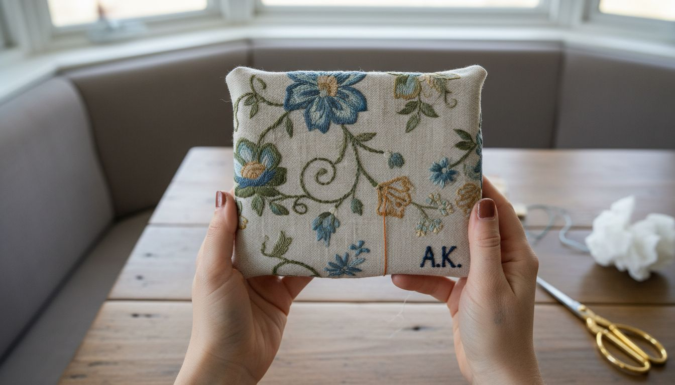 Hands showing embroidered gift wrap close up