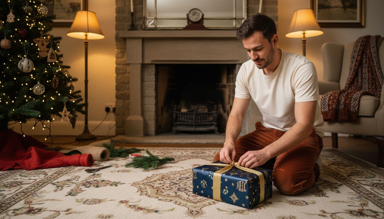 Man tying ribbon on fabric-wrapped present