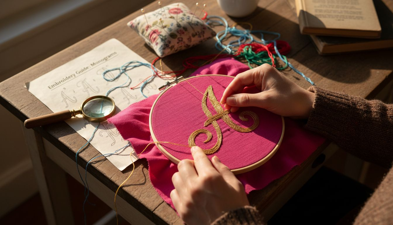 Embroidering monogram on linen gift wrap