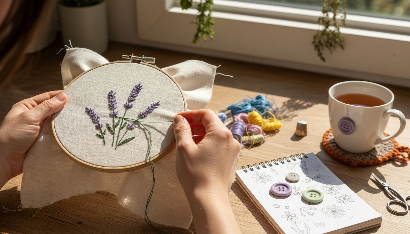Hands embroidering fabric for gift wrap
