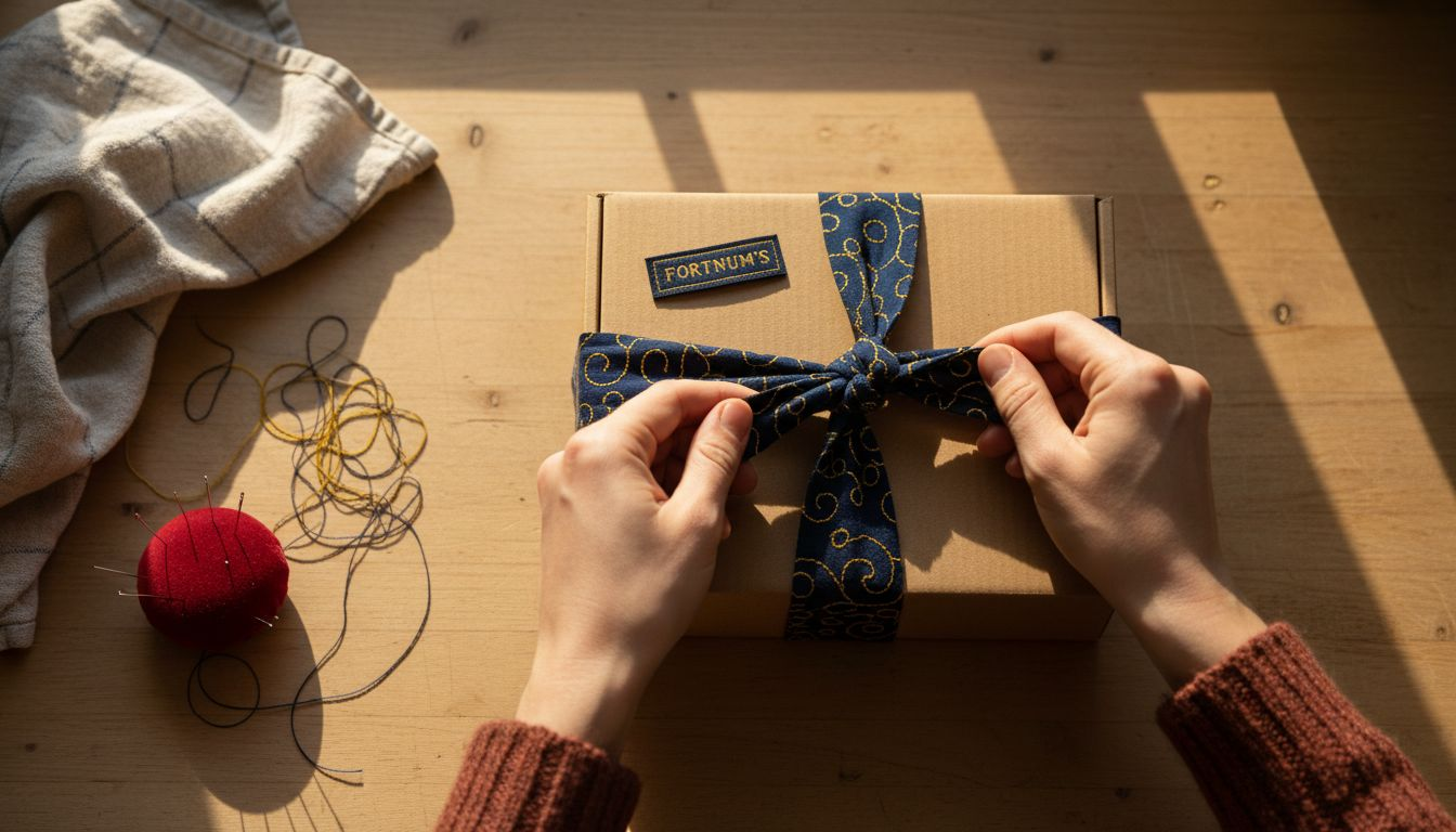 Detail of embroidered fabric gift wrapping
