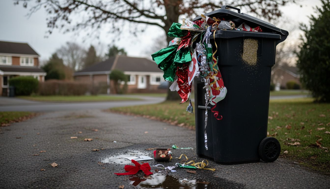Overflowing bin with discarded Christmas wrap