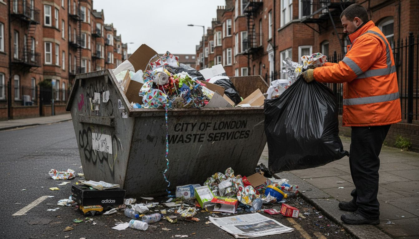 Sanitation worker discarding wrapping paper waste