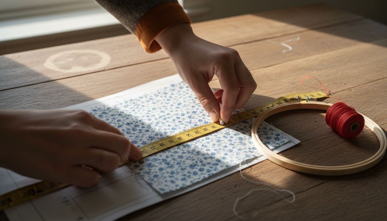 Hands planning embroidery layout on fabric