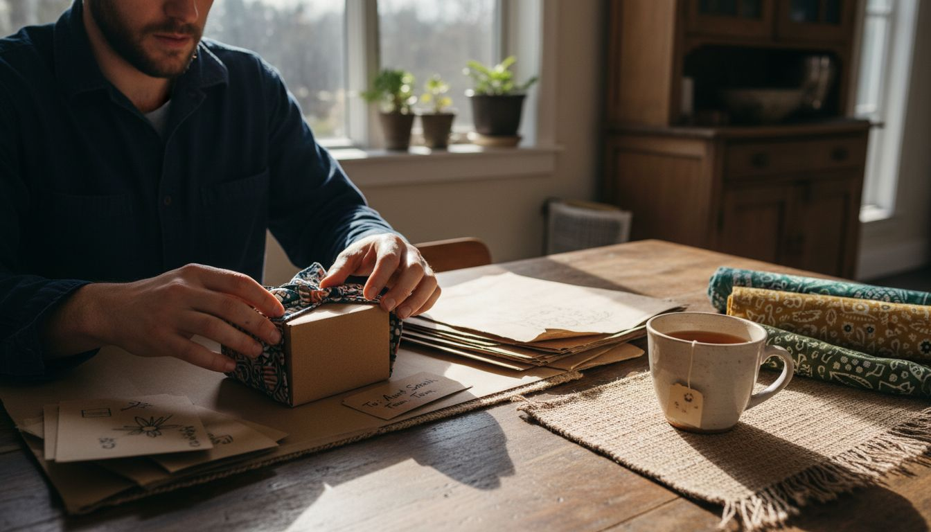 Man rewrapping gift in patterned fabric