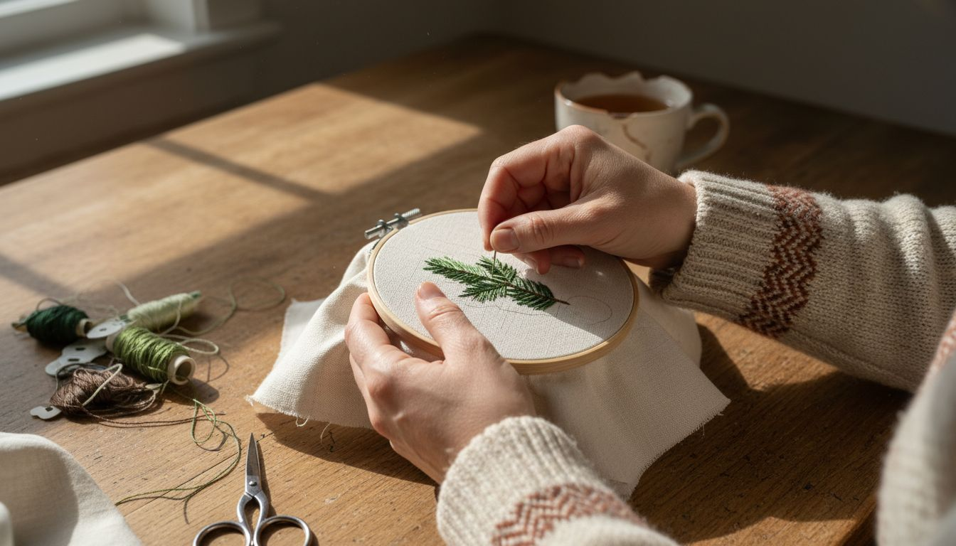 Hands embroidering Christmas motif on fabric wrap