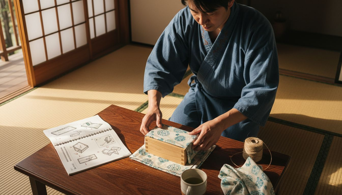 Man practicing furoshiki gift wrapping technique