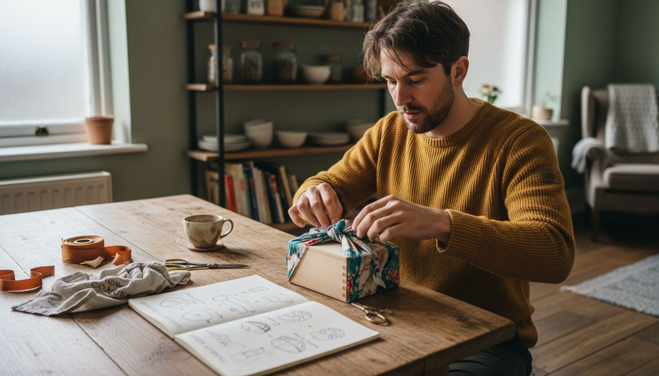 Man folding fabric using furoshiki wrap method