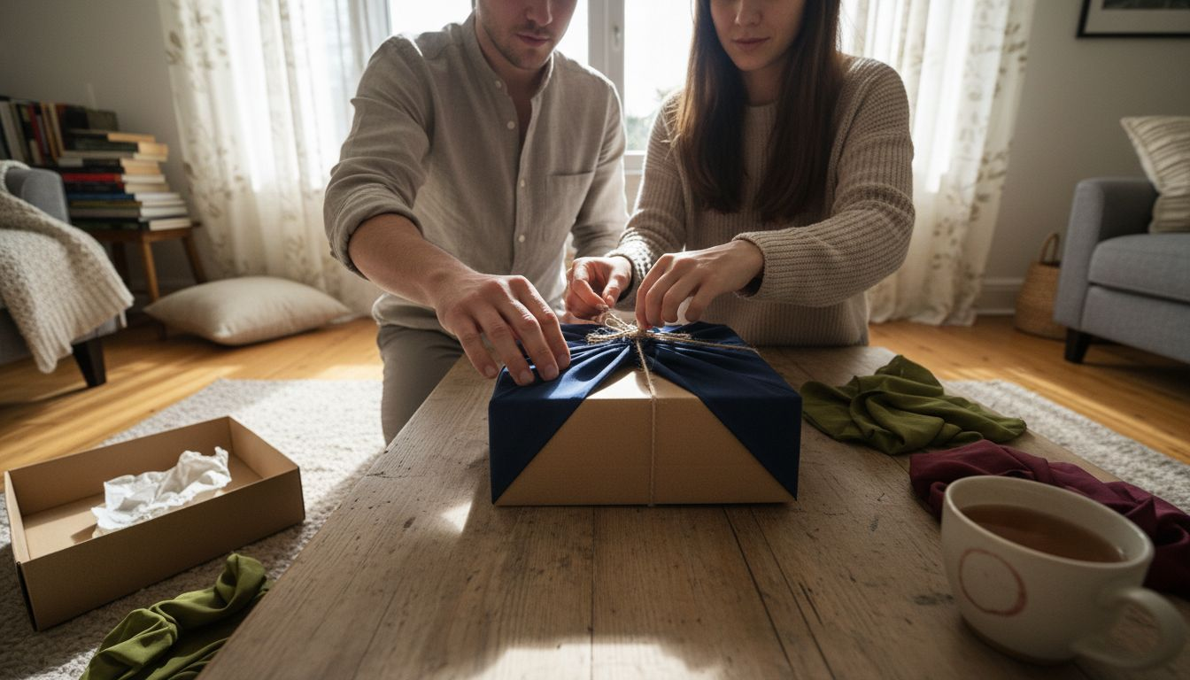 Couple using reusable fabric gift wrap