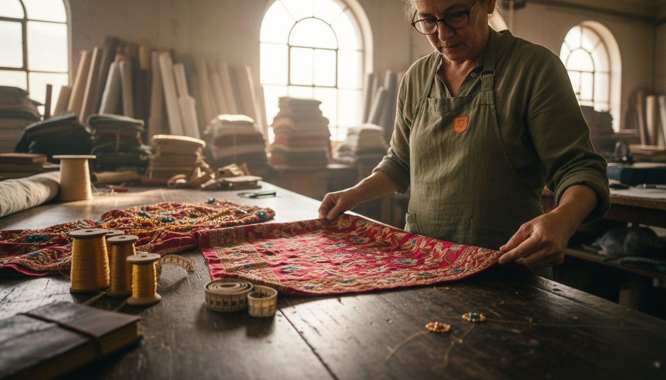 Textile expert checking embroidered silk fabric