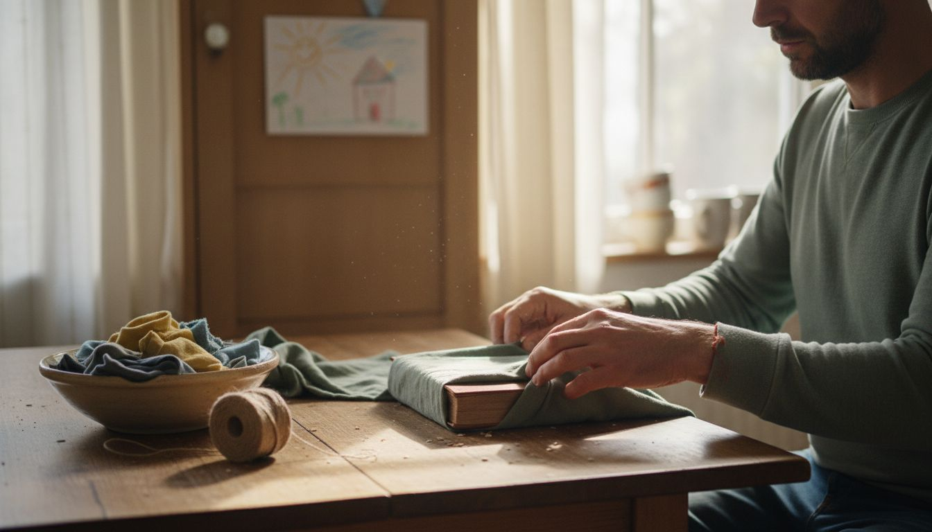 Man wrapping book with green linen fabric